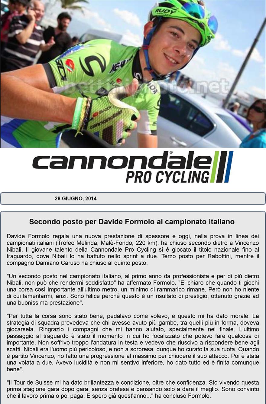 CANNONDALE REPORT PER DAVIDE FORMOLO